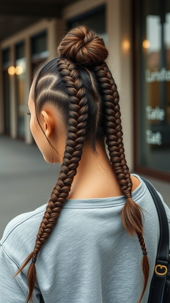 A woman with knotless braids styled in a bun and two thick braids, showcasing a modern hairstyle.