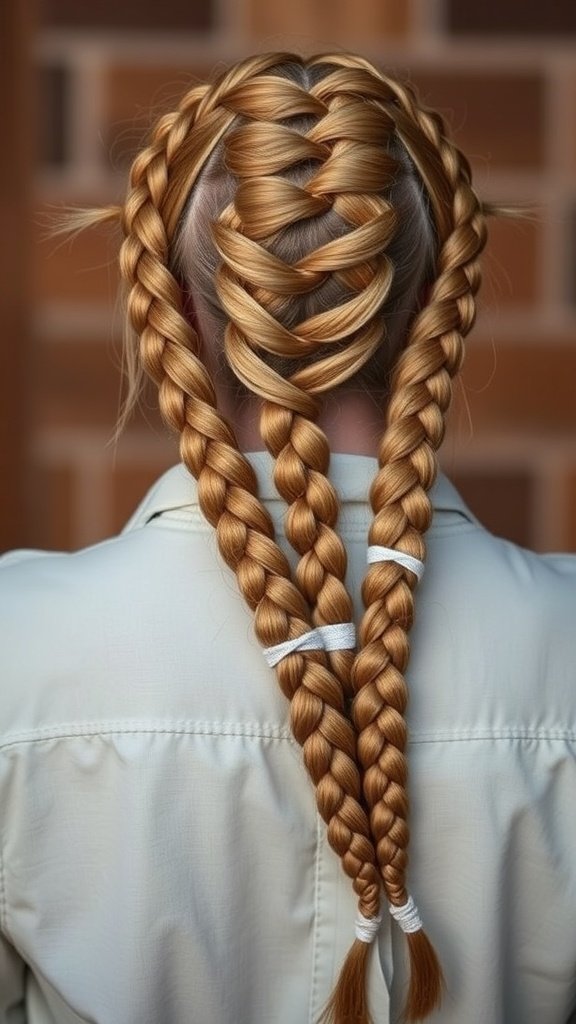 A close-up view of two intricately styled knotless braids, showcasing a modern twist on a classic hairstyle.