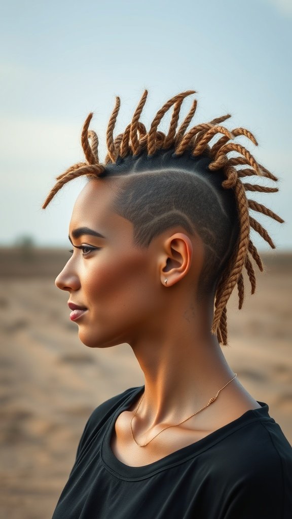 A woman with knotless braids styled in a mohawk, showcasing a bold and modern hairstyle.