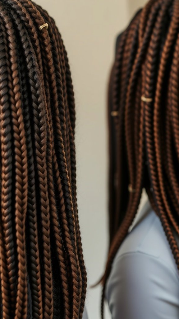 A close-up view of long, knotless braids in rich brown tones, styled naturally with gold accessories.