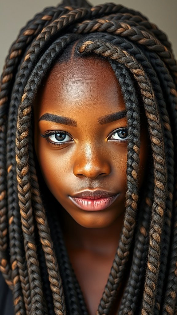 Close-up of a person with knotless braids, showcasing a blend of dark and light tones.