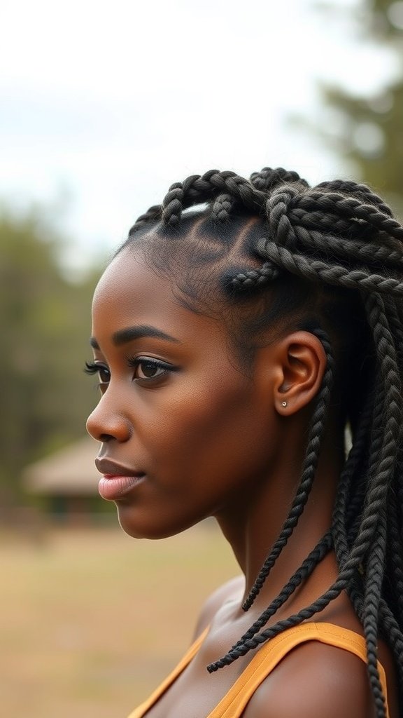 A woman with knotless braids styled in a natural texture, showcasing a bohemian look.