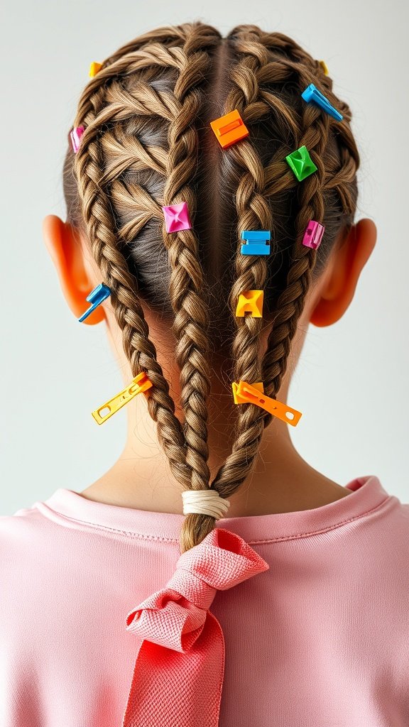 A close-up view of two knotless braids adorned with colorful clips and a pink bow, showcasing a playful hairstyle.