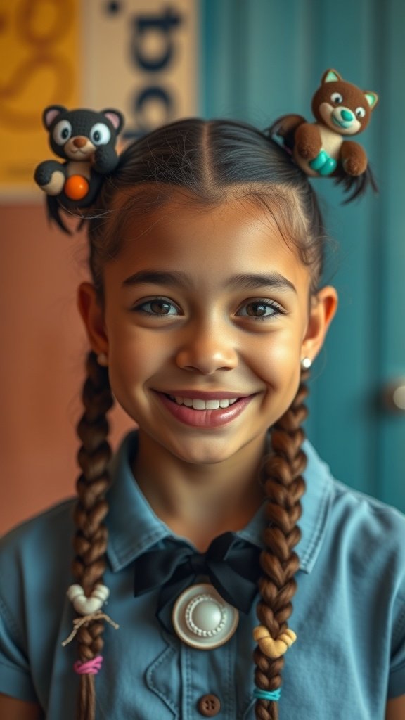 A young girl smiling with two playful knotless braids, each decorated with cute animal accessories.