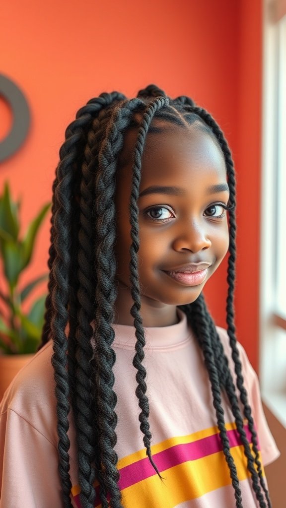 A young girl with long knotless braids, showcasing a playful texture against a vibrant background.