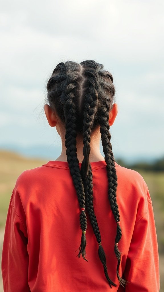 A girl with knotless braids styled in a playful manner, wearing an orange shirt, viewed from the back.