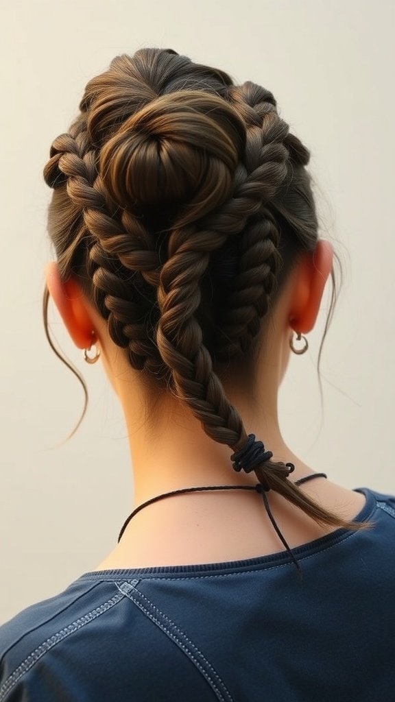 A playful updo featuring knotless braids styled into a bun, showcasing a chic and versatile hairstyle.