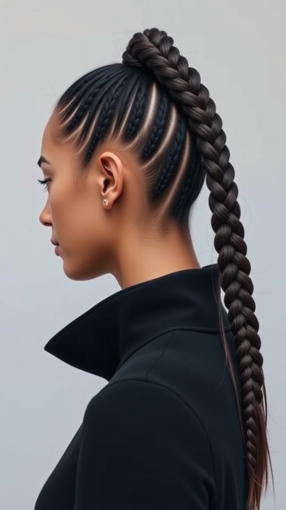 A woman with a sleek ponytail made of knotless braids, showcasing a stylish and practical hairstyle.
