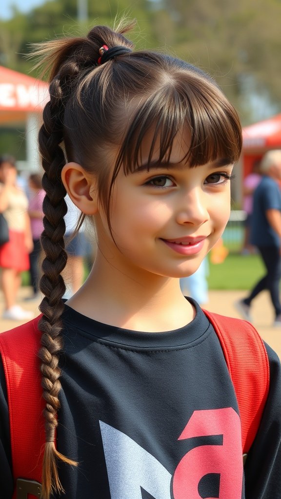 A girl with knotless braids styled in a ponytail with bangs, wearing a black shirt and a red backpack.