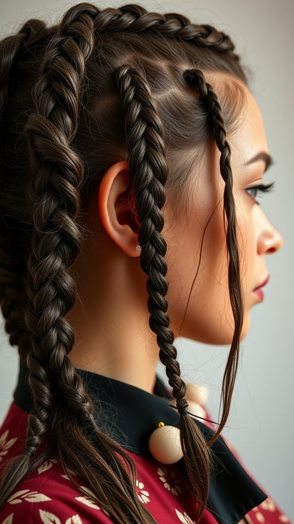 A close-up of a woman with multiple knotless braids styled in a retro fashion.