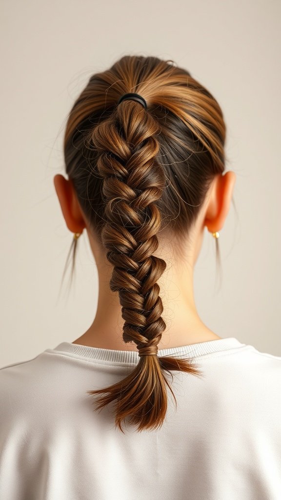 A woman with a braided ponytail hairstyle, showcasing knotless braids.