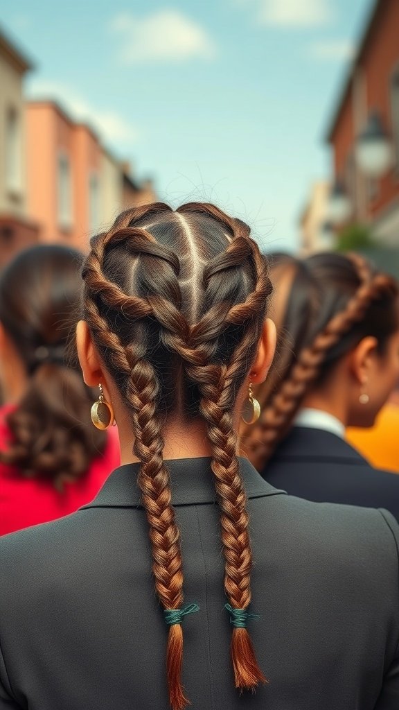 Back view of a person with two neat knotless braids, showcasing a retro hairstyle.
