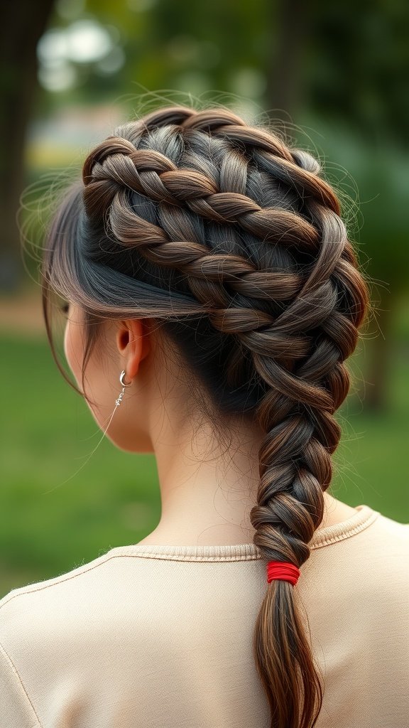 A woman with a stylish knotless braid featuring a red hair tie, showcasing a retro vibe.