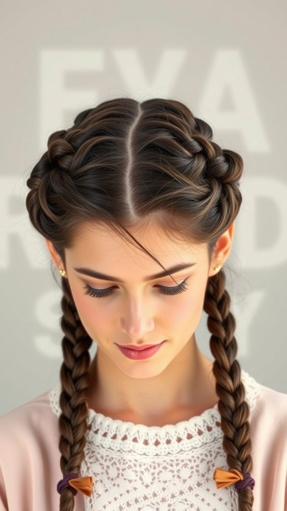 A woman with knotless braids styled in a retro fashion, featuring colorful ribbons at the ends.