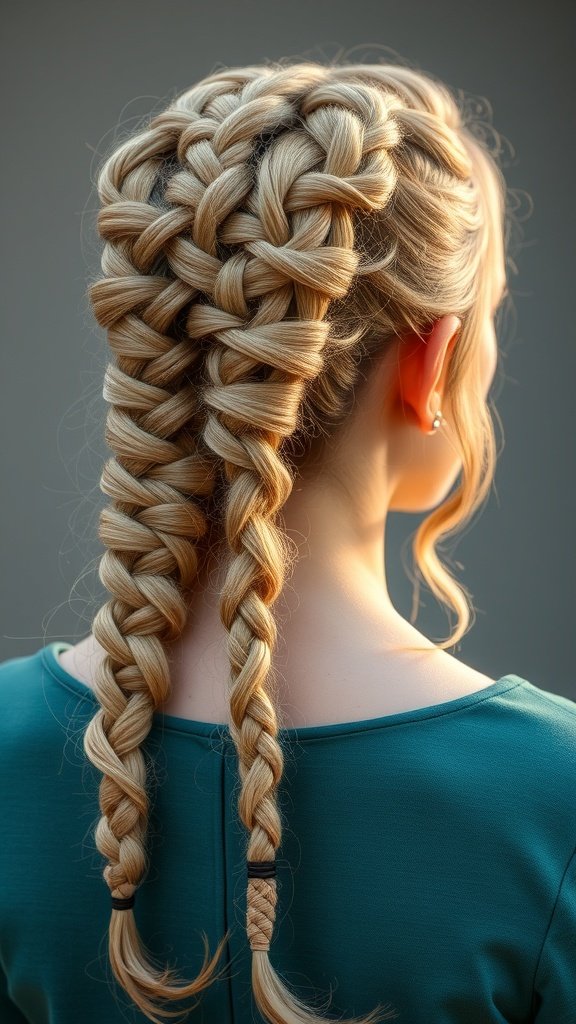 A close-up view of two romantic knotless braids styled with curls at the ends.