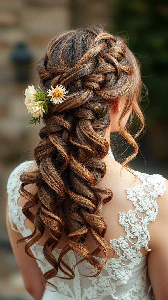 A woman with a romantic hairstyle featuring intricate knotless braids and soft curls, adorned with flowers.