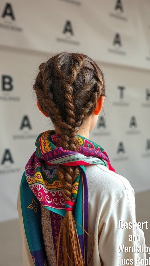 A girl with knotless braids styled with a colorful scarf, showcasing a trendy hairstyle.