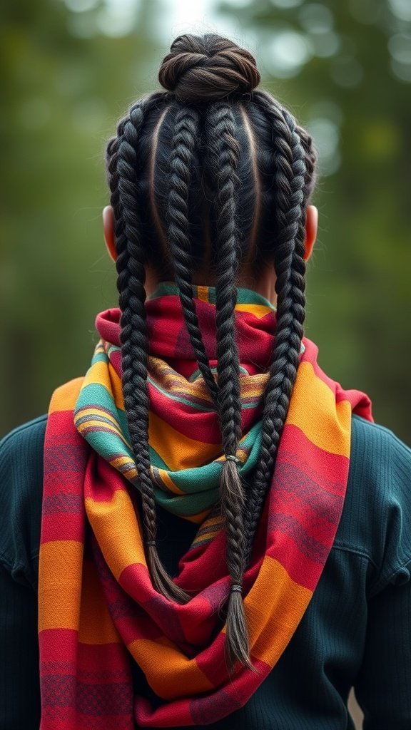 A woman with medium-sized knotless braids styled with a colorful scarf.