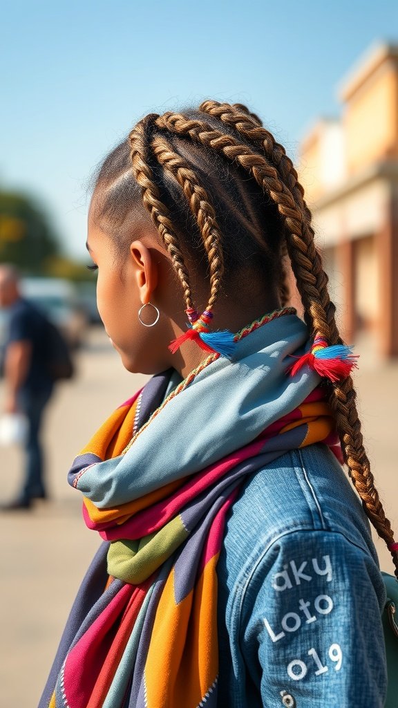 A person with knotless braids styled with a colorful scarf, showcasing a trendy and protective hairstyle.