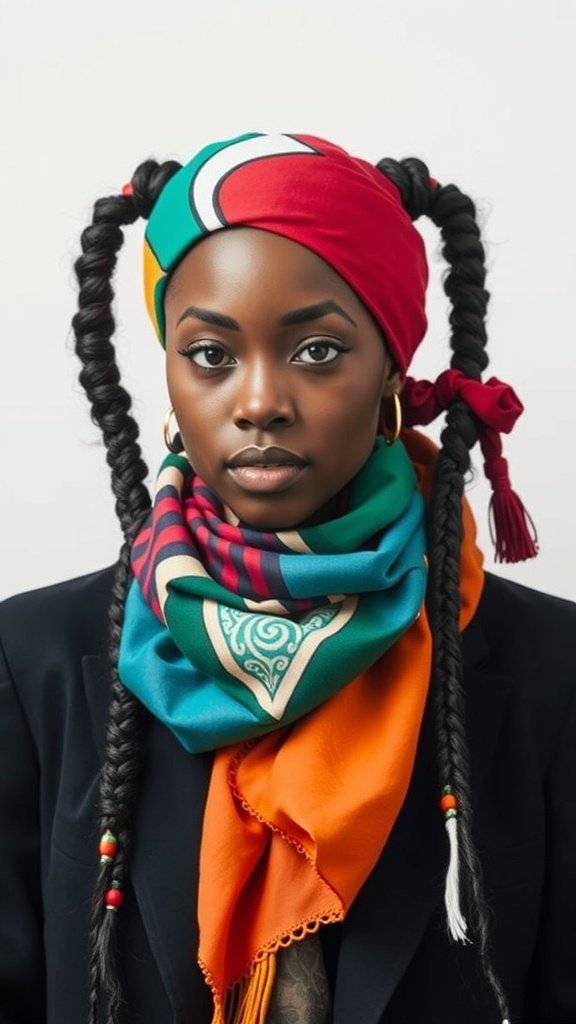 A person with knotless braids wearing a colorful scarf