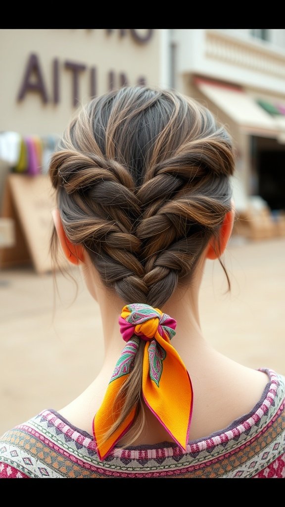 A woman with knotless braids styled with a colorful scarf at the back.