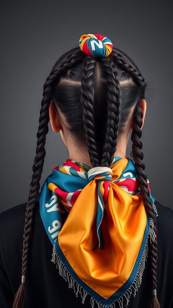 A woman with knotless braids styled with a colorful scarf tied at the back.
