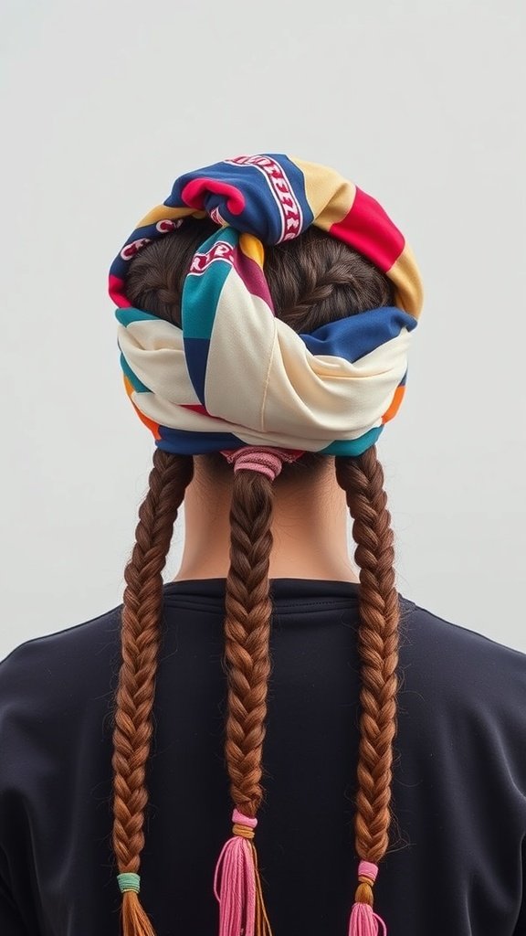 A woman with knotless braids styled with a colorful scarf wrapped around her head.