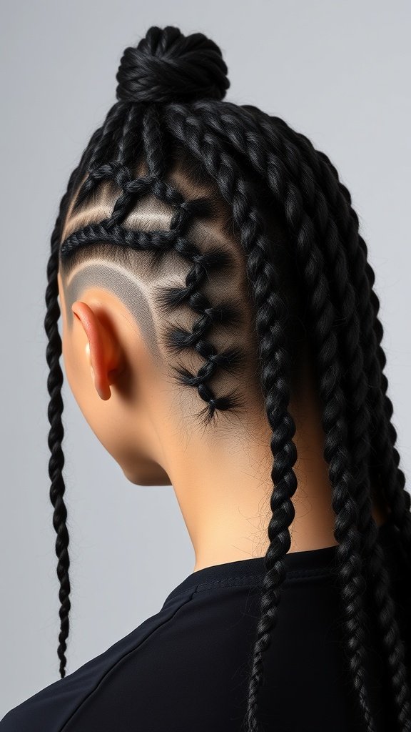A stylish hairstyle featuring knotless braids with a shaved side, showcasing long braids and a clean shave.
