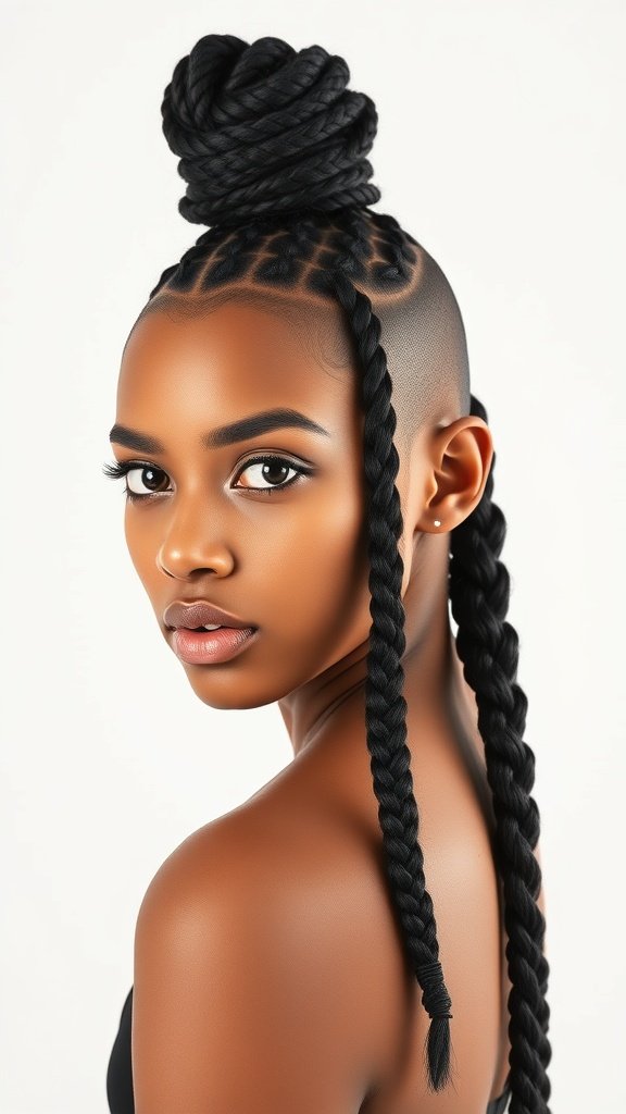 A woman with knotless braids styled in a high bun and a shaved side, showcasing a modern and edgy hairstyle.