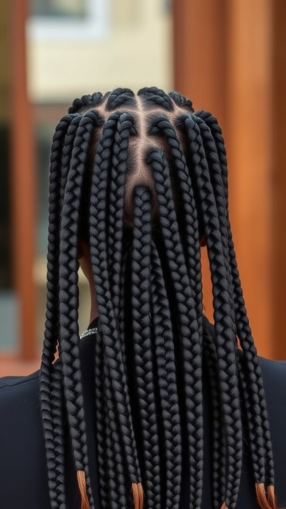 Back view of a person with knotless braids, showcasing a neat and shimmery finish.