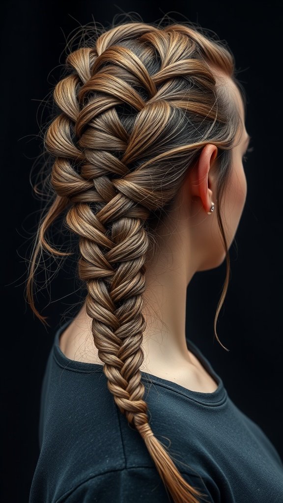 A close-up of a woman's back showing a beautifully styled knotless braid with a side braid.