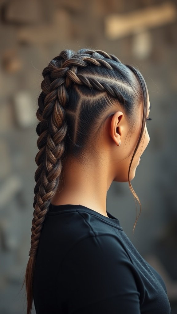 A woman showcasing knotless braids with a side braid, highlighting a stylish and polished look.