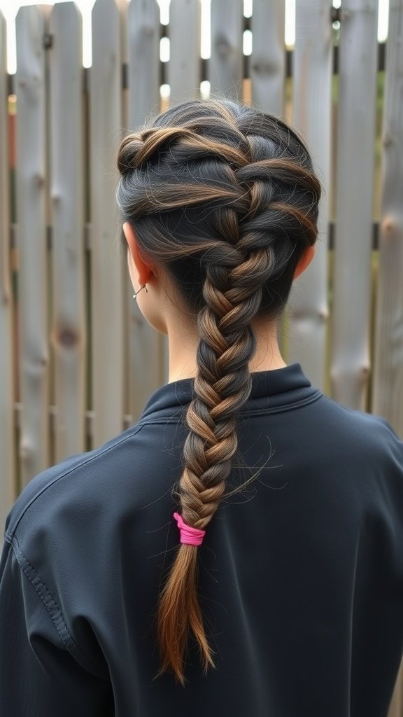 A woman with a stylish side braid and a long braid, showcasing knotless braids with a pink hair tie.