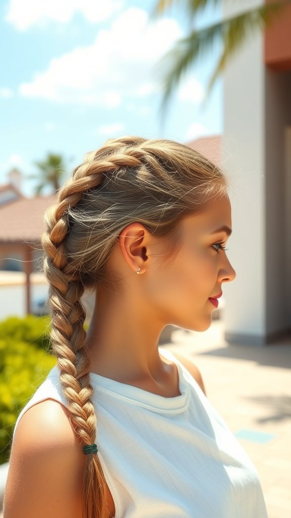 A woman with a side braid hairstyle, showcasing knotless braids in a sunny outdoor setting.