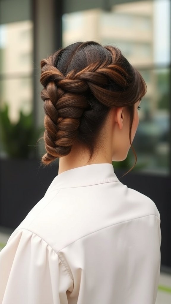 A woman with a stylish side bun made from knotless braids, showcasing a chic and elegant hairstyle.
