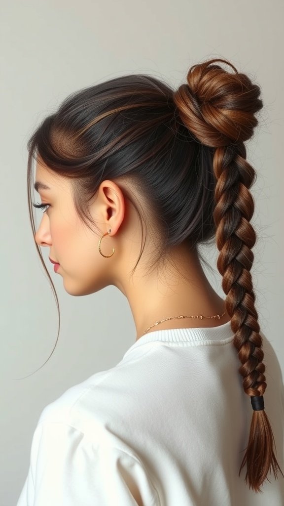 A woman with knotless braids styled in a side bun, showcasing a chic and elegant hairstyle.
