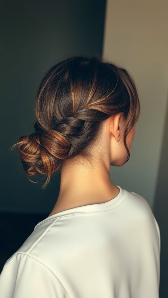 A woman with knotless braids styled in a side bun, showcasing a chic and elegant hairstyle.