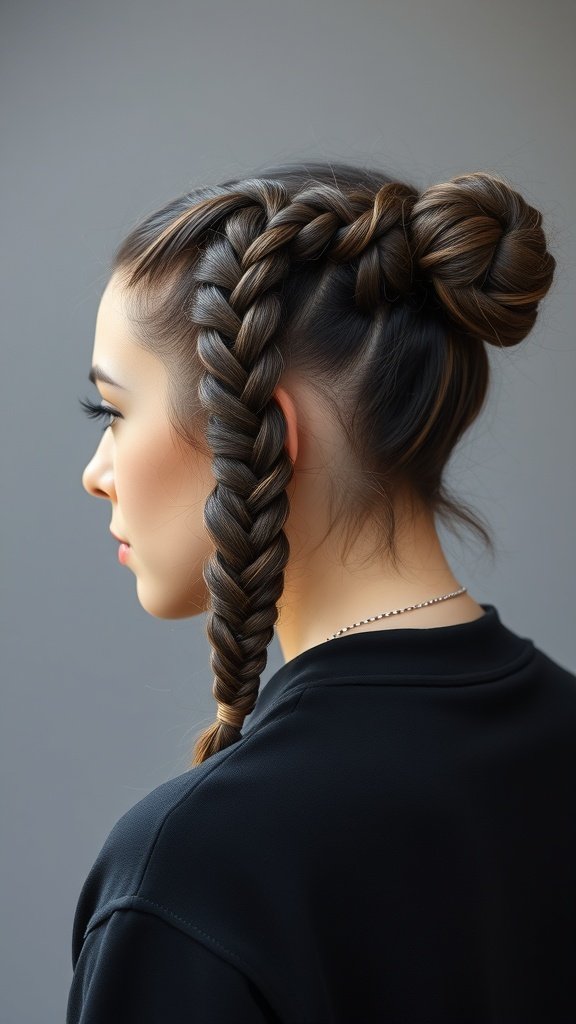 A woman with knotless braids styled in a side bun, showcasing a long braid on one side.