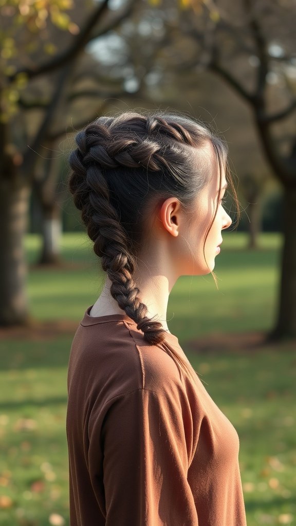 A woman with knotless braids styled into a side bun, showcasing a chic and elegant look in a park setting.