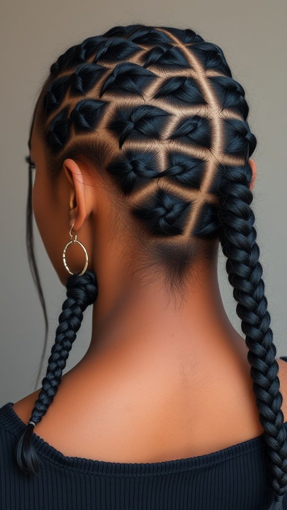 A close-up view of a woman with knotless braids styled in a side part, showcasing neat sections and a trendy look.