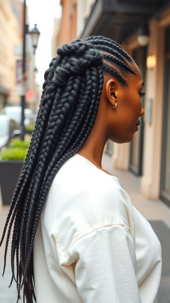 A woman showcasing knotless braids styled with a side part, exuding a chic and trendy vibe.