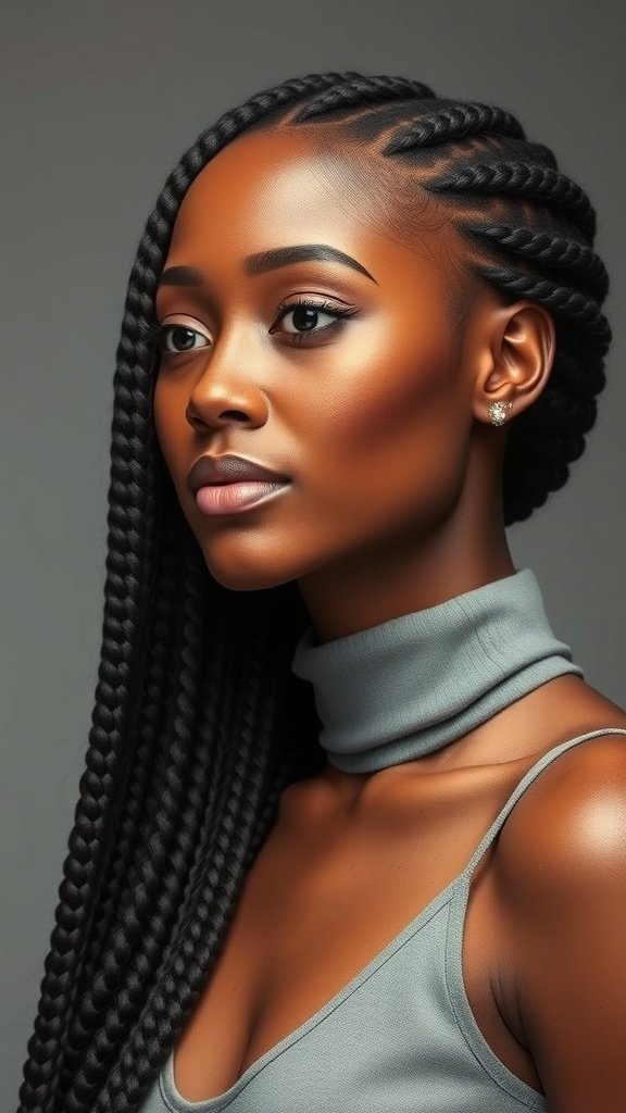 A woman with knotless braids styled with a side part, showcasing a chic and elegant hairstyle.