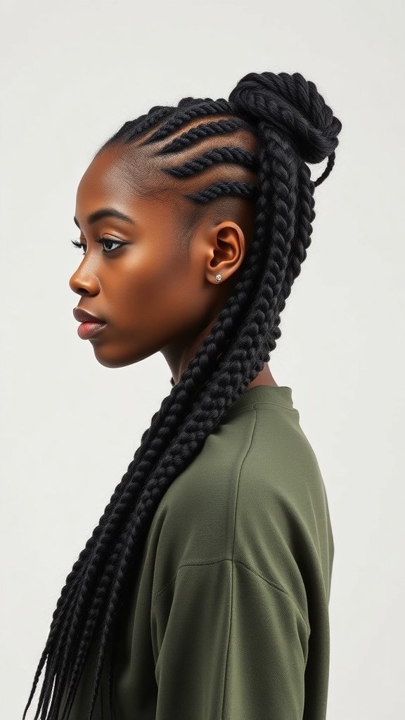 A woman with knotless braids styled in a side part, showcasing long braids and a bun.
