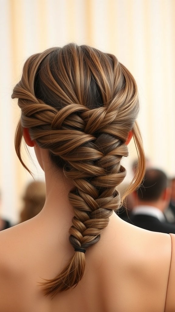 A stylish back view of a woman with knotless braids styled in a side part.