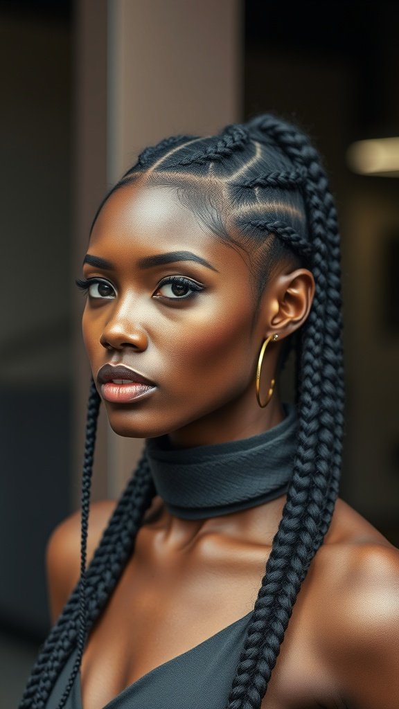 A close-up of a woman with knotless braids styled in a side part, featuring curls at the ends.