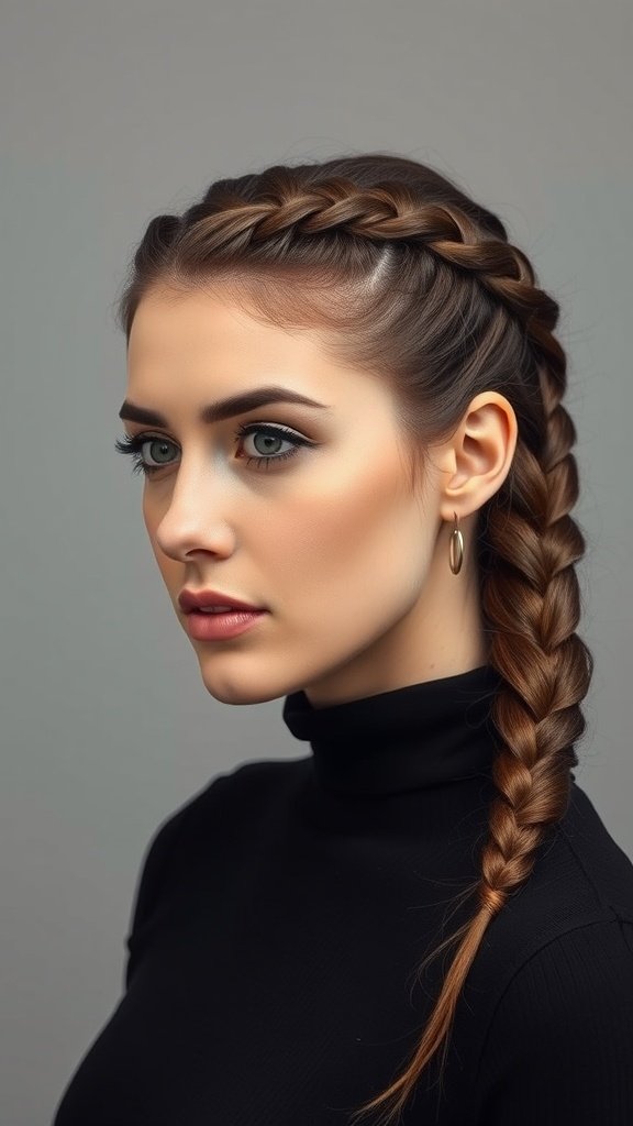 A woman with two neat knotless braids styled with a side part, showcasing a chic and elegant look.