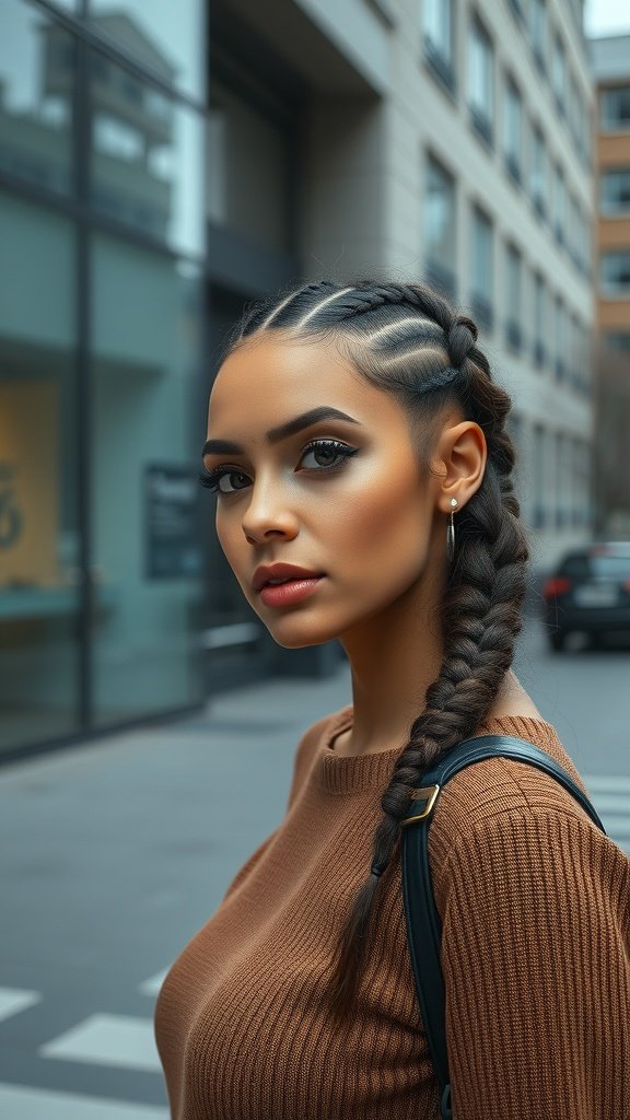 A woman with knotless braids styled in a side part, showcasing a modern and elegant look.