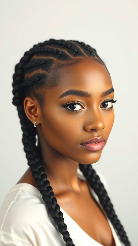 A woman with knotless braids styled in a side part, showcasing a smooth finish and elegant look.