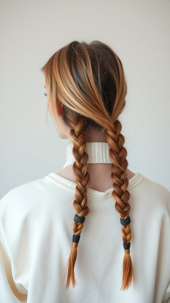 A woman with two neat braids and a side-swept fringe, showcasing a stylish knotless braid hairstyle.
