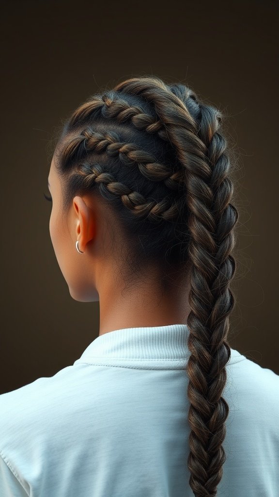 A woman showcasing knotless braids styled in a side-swept look.